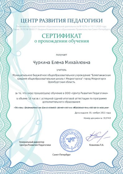 Сертификат о прохождении обучения курсов ДО