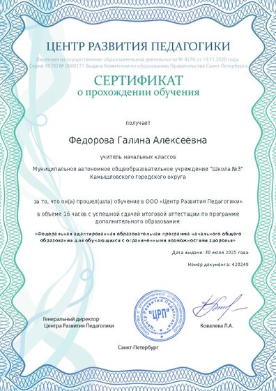 Сертификат о прохождении обучения курсов ДО