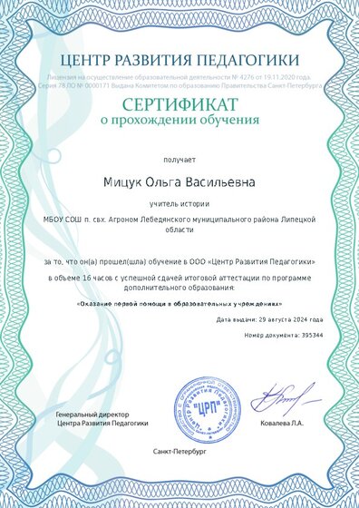 Сертификат о прохождении обучения курсов ДО