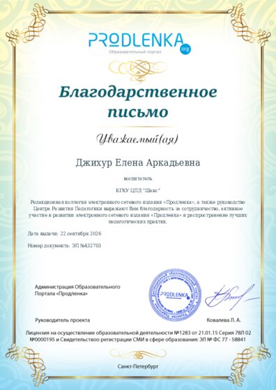 Благодарность за активное участие в развитии педагогической социальной сети