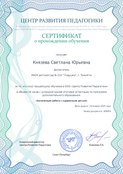 Сертификат о прохождении обучения курсов ДО