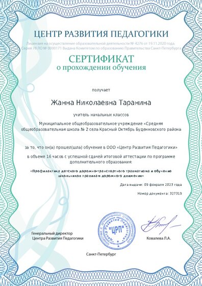 Сертификат о прохождении обучения курсов ДО