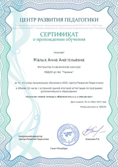 Сертификат о прохождении обучения курсов ДО