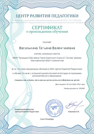 Сертификат о прохождении обучения курсов ДО