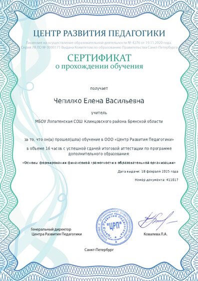 Сертификат о прохождении обучения курсов ДО