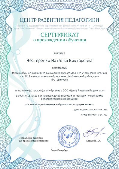 Сертификат о прохождении обучения курсов ДО
