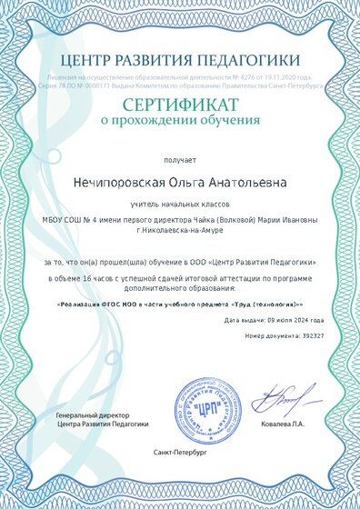 Сертификат о прохождении обучения курсов ДО