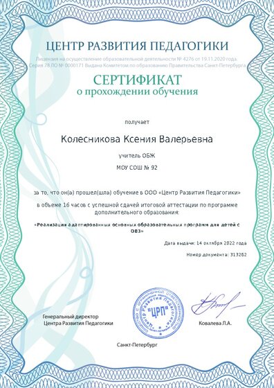 Сертификат о прохождении обучения курсов ДО