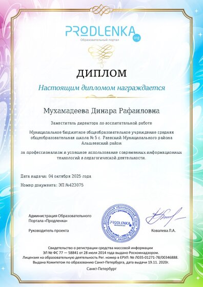 Диплом за успешное использование современных информационных образовательных технологий