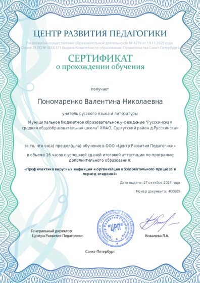 Сертификат о прохождении обучения курсов ДО