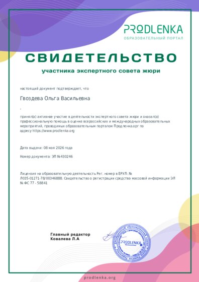 Свидетельство участника экспертного совета жюри