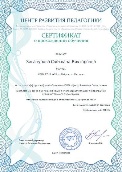 Сертификат о прохождении обучения курсов ДО