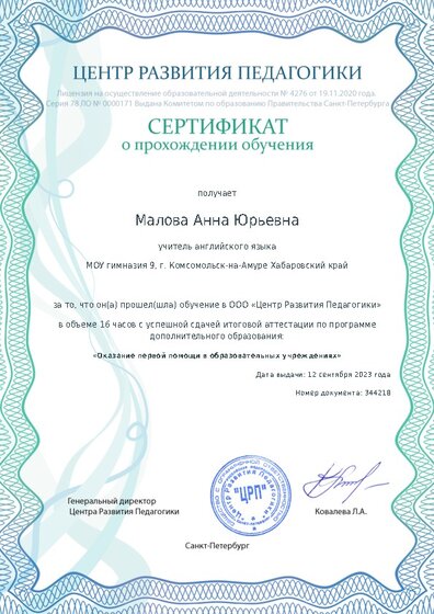 Сертификат о прохождении обучения курсов ДО