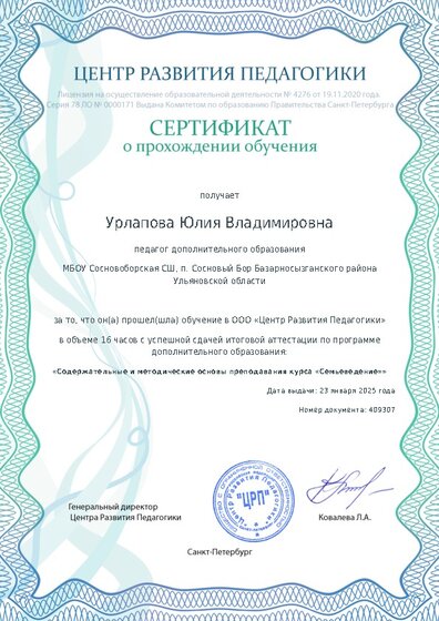 Сертификат о прохождении обучения курсов ДО