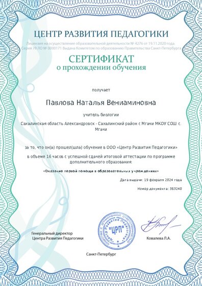 Сертификат о прохождении обучения курсов ДО