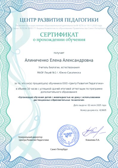 Сертификат о прохождении обучения курсов ДО