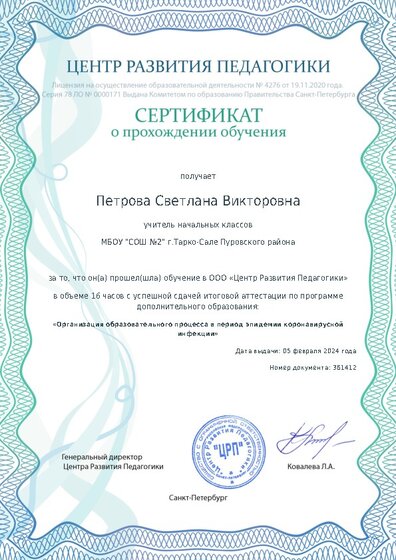 Сертификат о прохождении обучения курсов ДО