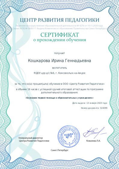 Сертификат о прохождении обучения курсов ДО