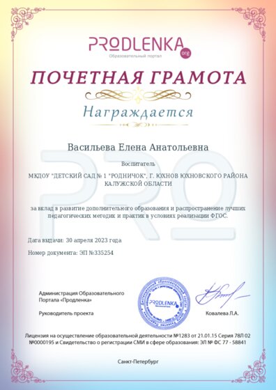 Почетная грамота за вклад в развитие дополнительного образования в условиях реализации ФГОС