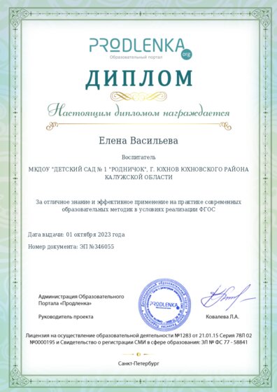 Диплом за отличное владение и эффективное применение современных педагогических методик в условиях реализации ФГОС