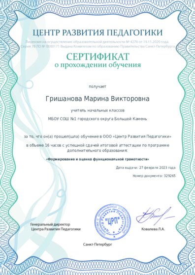 Сертификат о прохождении обучения курсов ДО