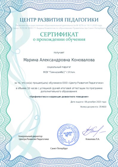 Сертификат о прохождении обучения курсов ДО