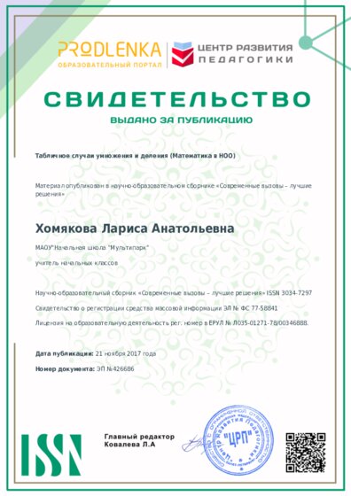 Свидетельство о публикации в сборнике