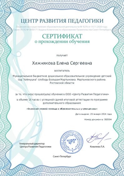 Сертификат о прохождении обучения курсов ДО