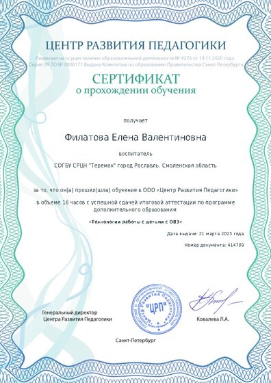Сертификат о прохождении обучения курсов ДО