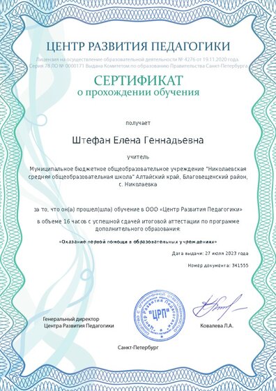 Сертификат о прохождении обучения курсов ДО