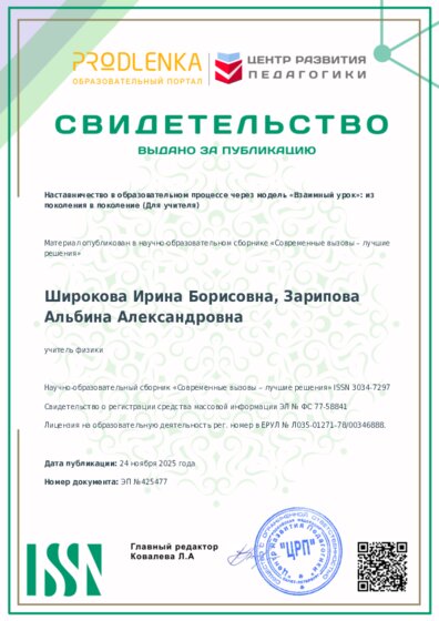 Свидетельство о публикации в сборнике