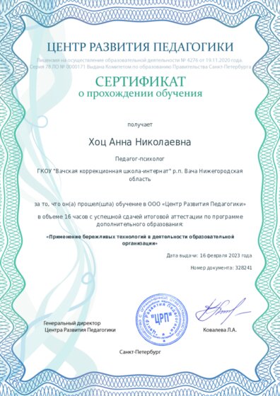 Сертификат о прохождении обучения курсов ДО