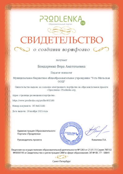 Свидетельство о создании электронного портфолио педагога