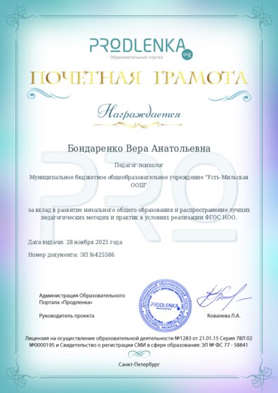 Почетная грамота за вклад в развитие начального общего образования в условиях реализации ФГОС