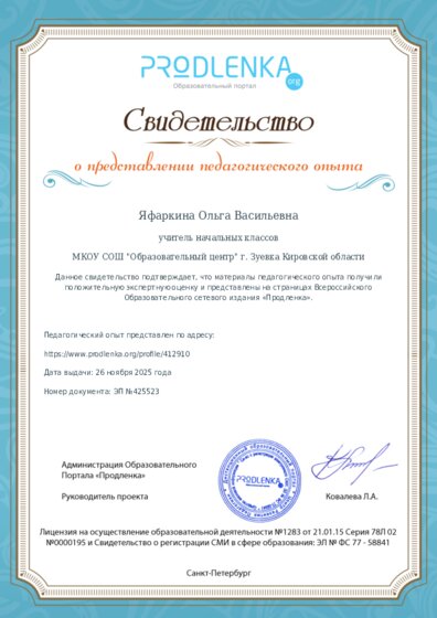Свидетельство о представлении педагогического опыта (с положительной оценкой экспертной комиссии)