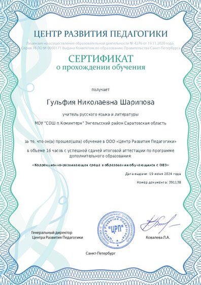 Сертификат о прохождении обучения курсов ДО