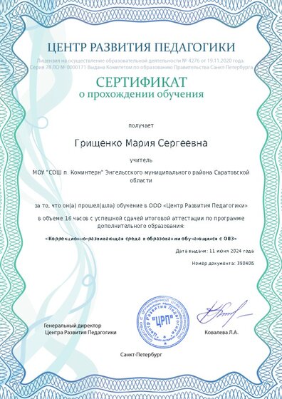 Сертификат о прохождении обучения курсов ДО