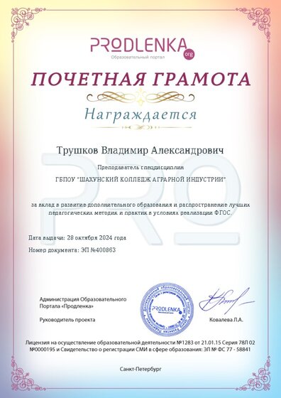 Почетная грамота за вклад в развитие дополнительного образования в условиях реализации ФГОС