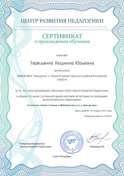 Сертификат о прохождении обучения курсов ДО