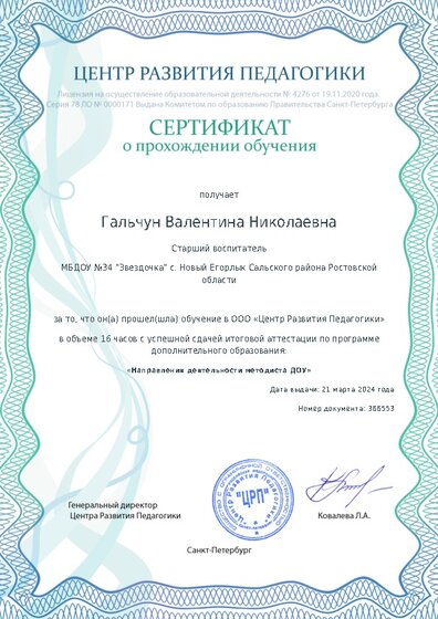 Сертификат о прохождении обучения курсов ДО