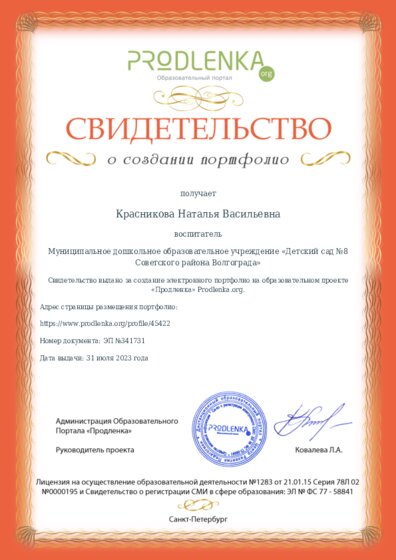 Свидетельство о создании электронного портфолио педагога