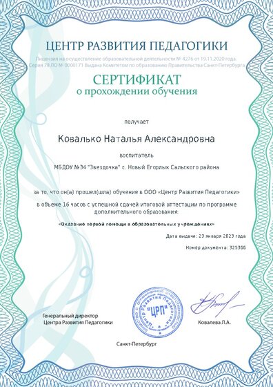 Сертификат о прохождении обучения курсов ДО