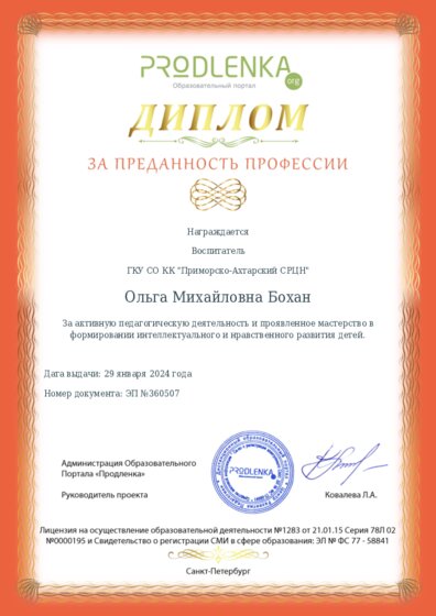 Диплом за ПРЕДАННОСТЬ ПРОФЕССИИ