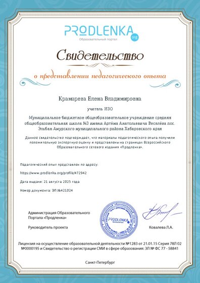 Свидетельство о представлении педагогического опыта (с положительной оценкой экспертной комиссии)