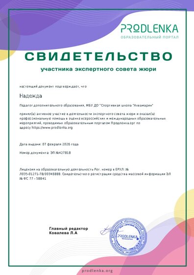 Свидетельство участника экспертного совета жюри