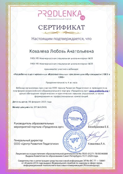 Сертификат участника Вебинара