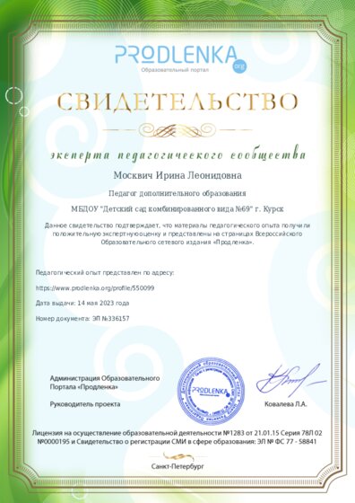 Свидетельство о представлении педагогического опыта (с положительной оценкой экспертной комиссии)