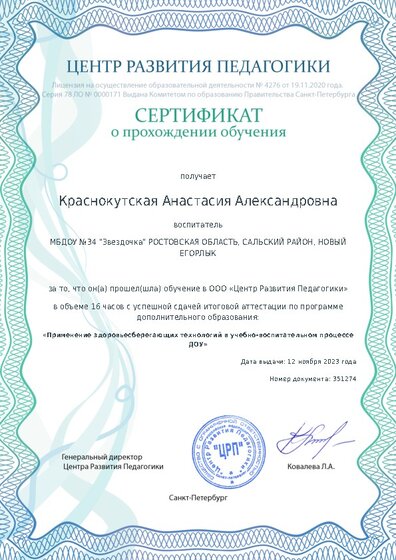 Сертификат о прохождении обучения курсов ДО