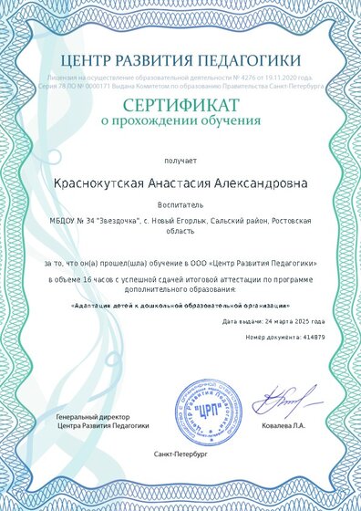 Сертификат о прохождении обучения курсов ДО