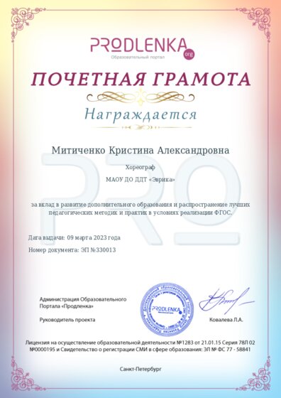 Почетная грамота за вклад в развитие дополнительного образования в условиях реализации ФГОС